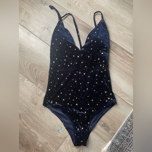 Blue velvet one piece bathing suit